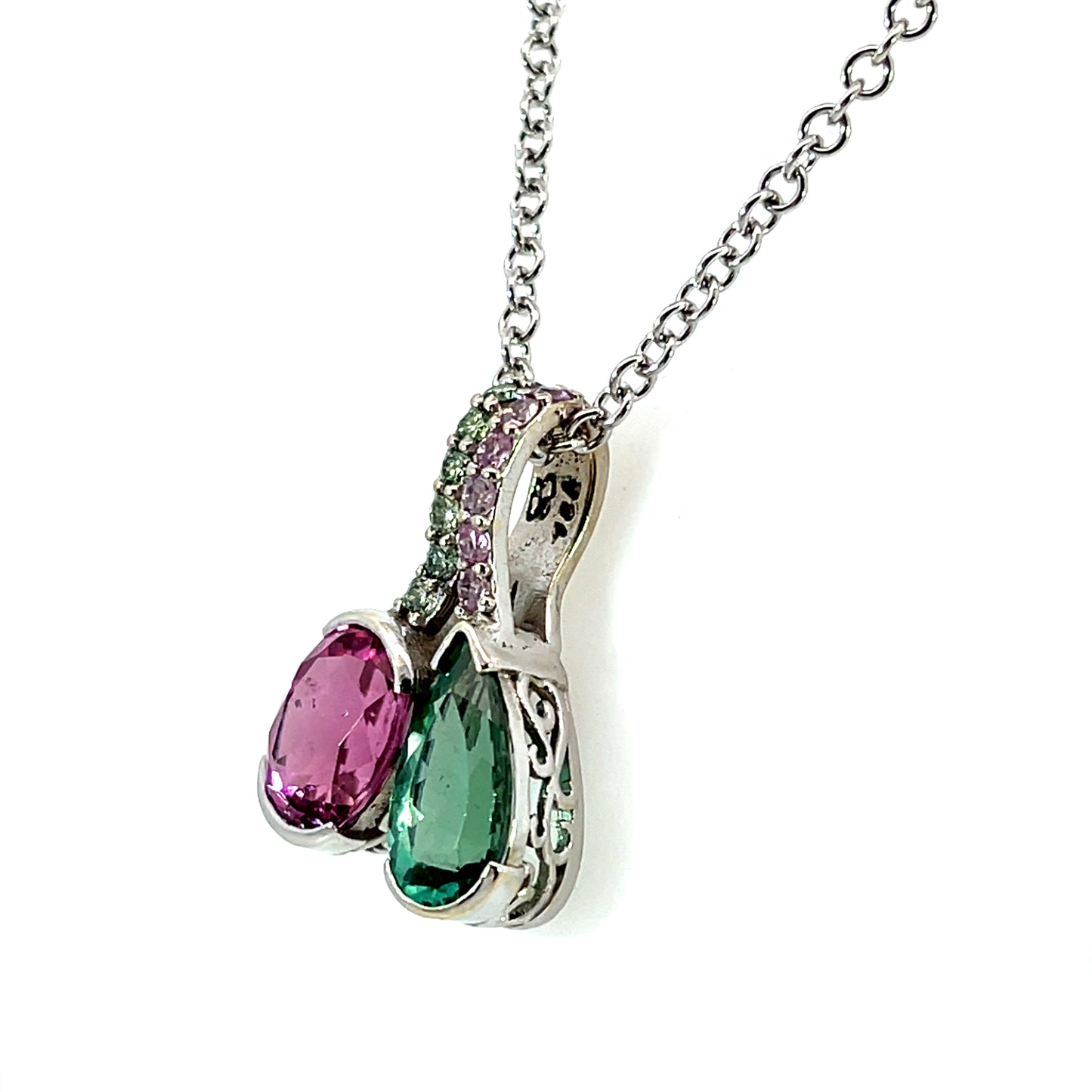 18k White Gold Green Tourmaline and Pink Sapphire Double Pendant