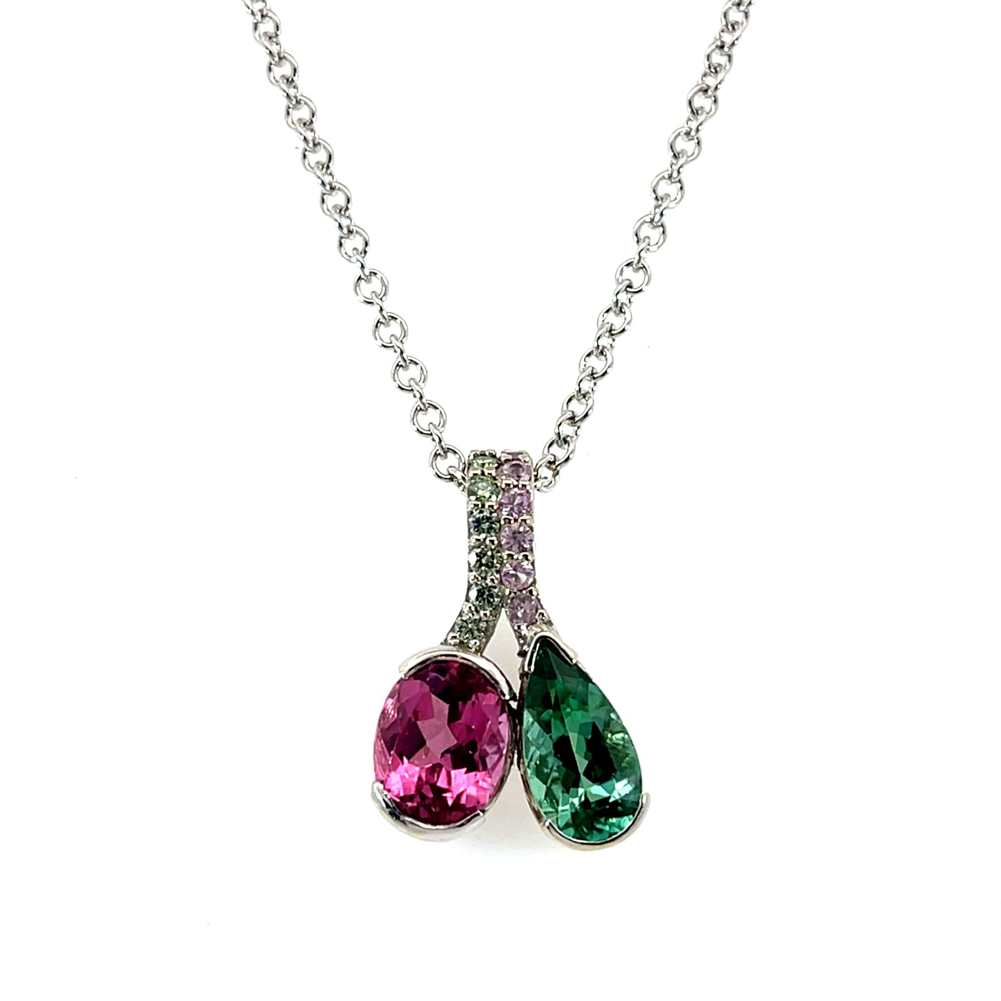 18k White Gold Green Tourmaline and Pink Sapphire Double Pendant