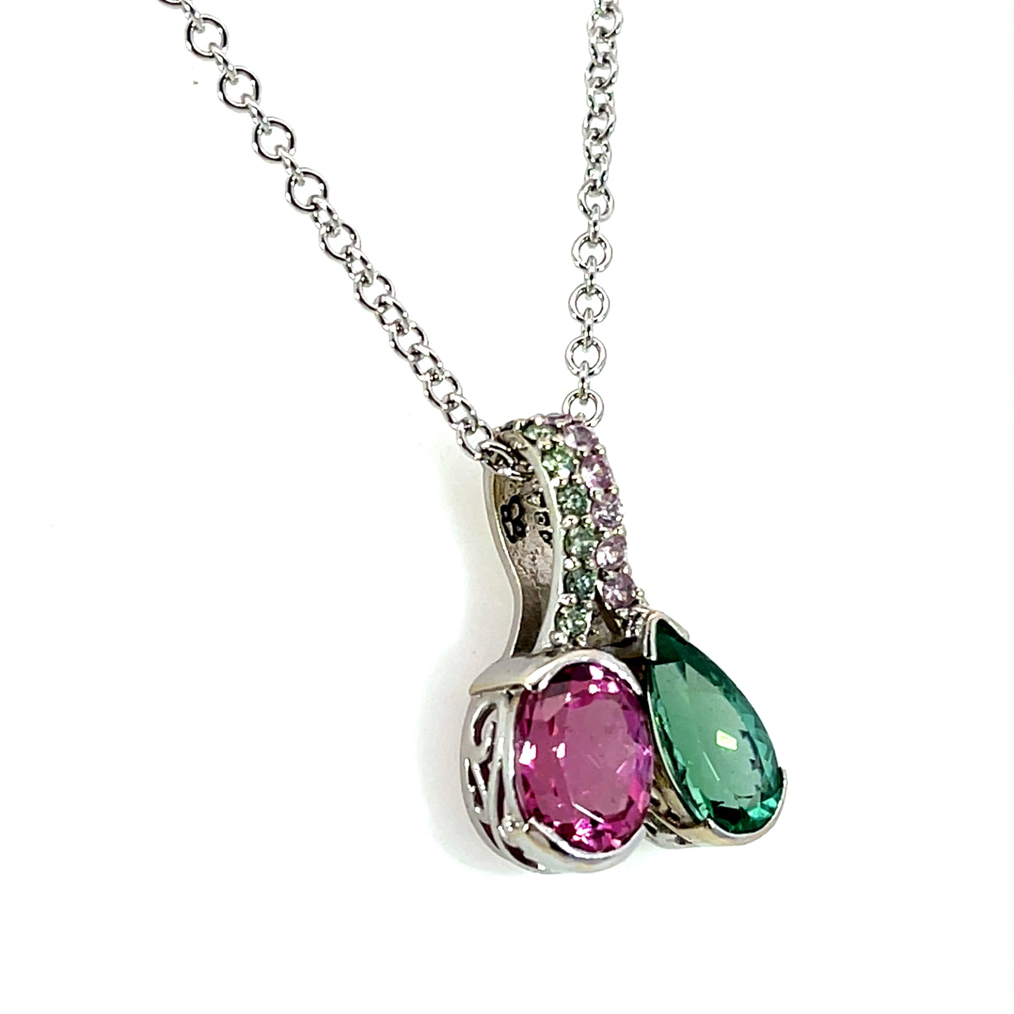 18k White Gold Green Tourmaline and Pink Sapphire Double Pendant