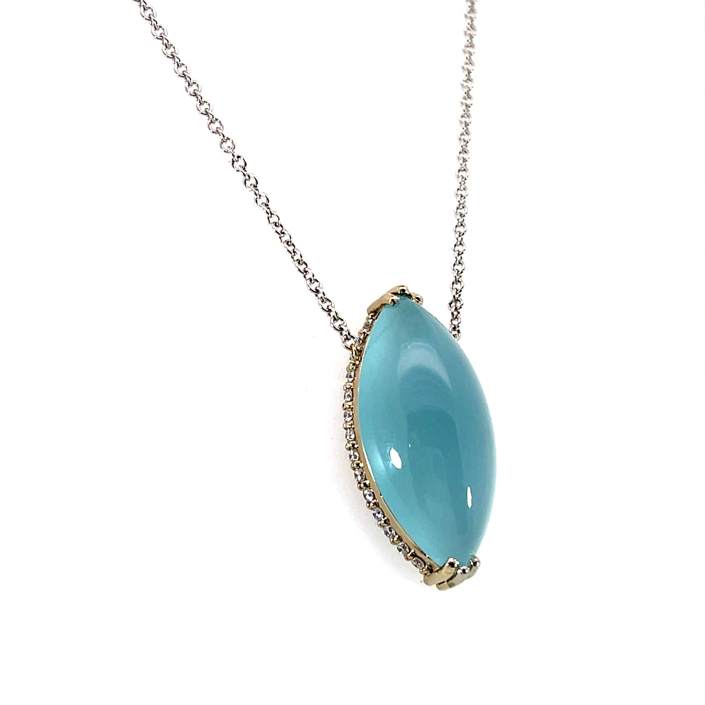 18k White Gold Marquise Aquamarine Necklace with a Hidden Diamond Halo