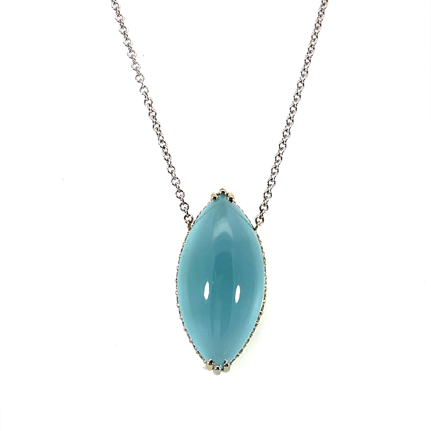 18k White Gold Marquise Aquamarine Necklace with a Hidden Diamond Halo