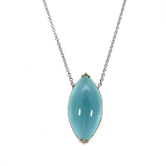 18k White Gold Marquise Aquamarine Necklace with a Hidden Diamond Halo