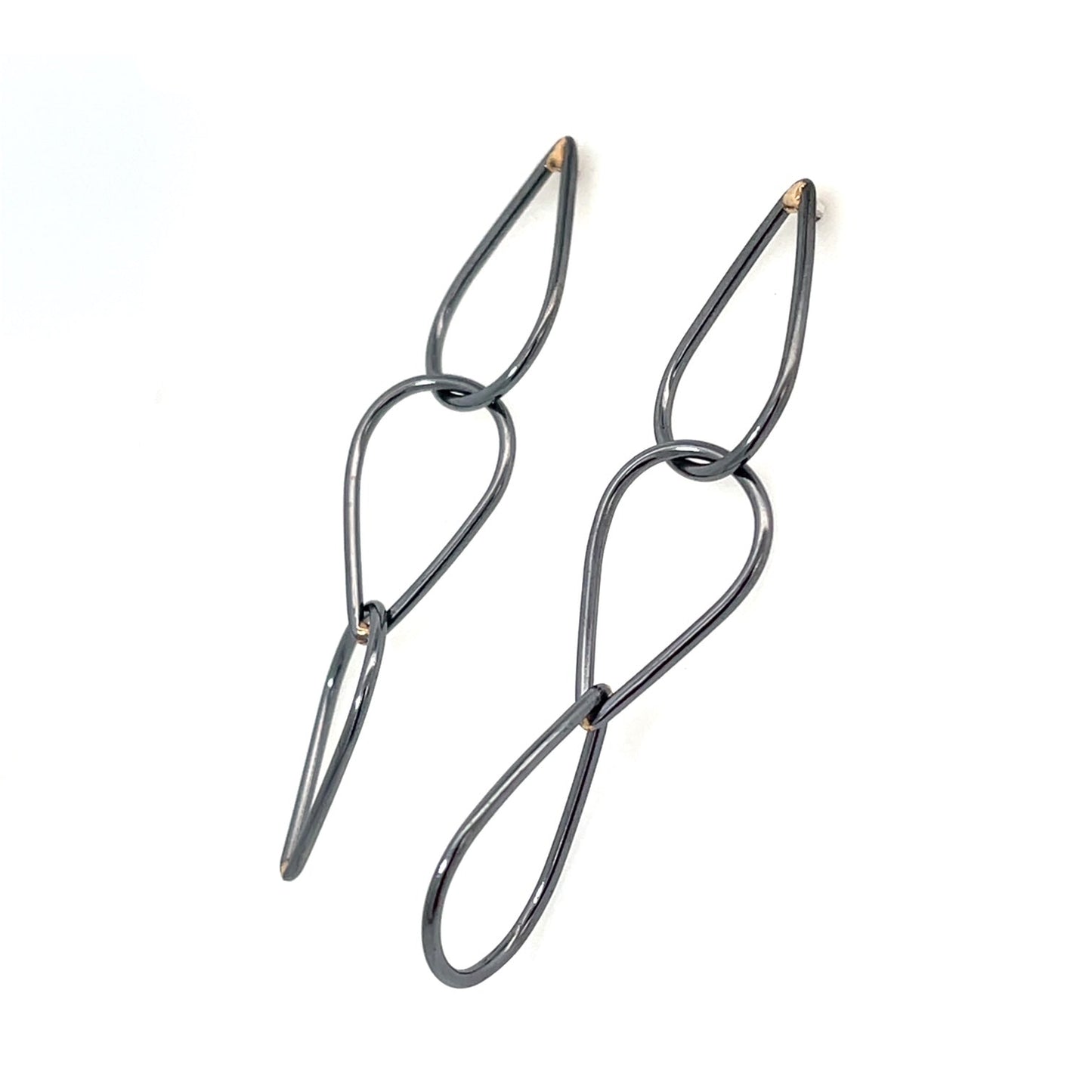 Oxidized Sterling Silver and 14k Yellow Gold Teardrop Link Studs