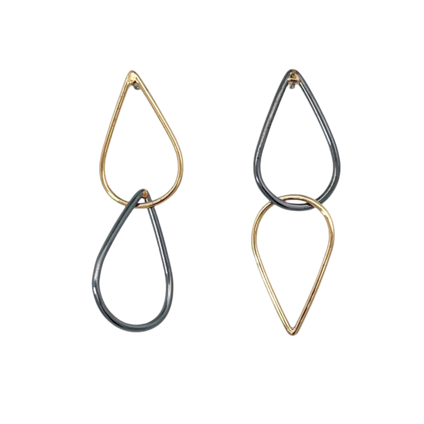 Short Oxidized Sterling Silver and 14k Yellow Gold Teardrop Link Studs