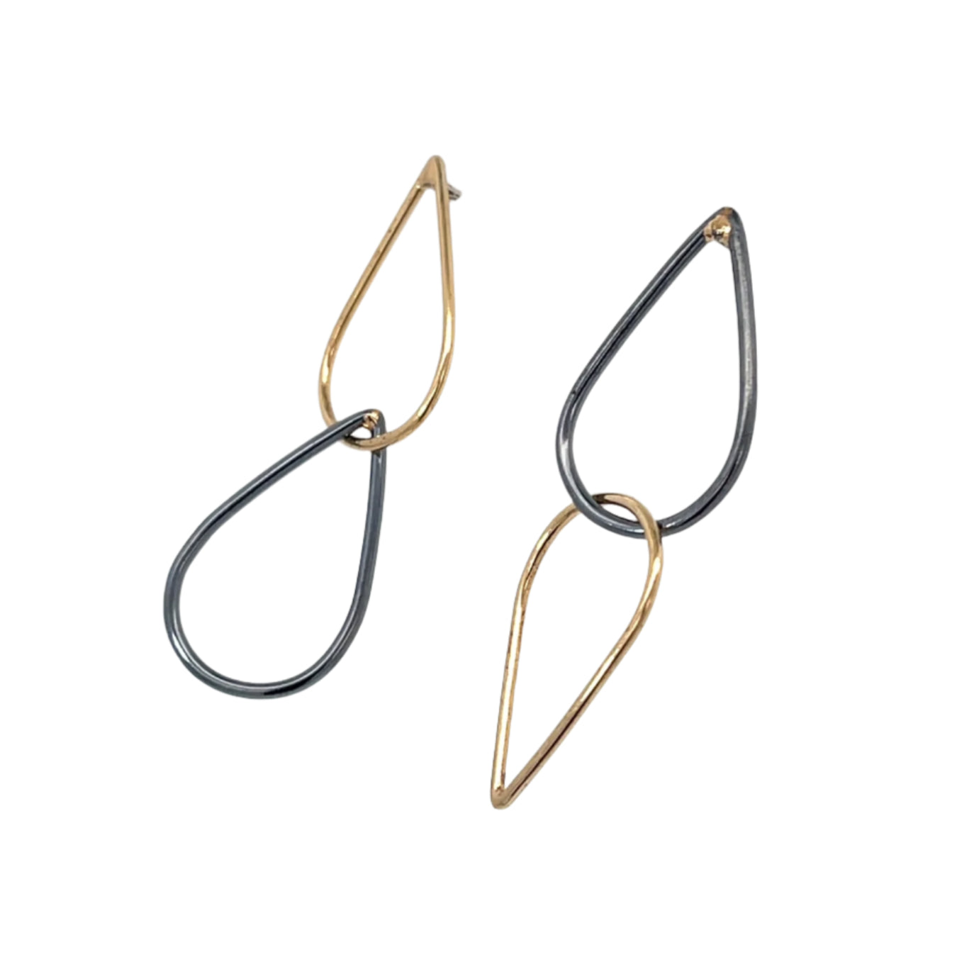 Short Oxidized Sterling Silver and 14k Yellow Gold Teardrop Link Studs