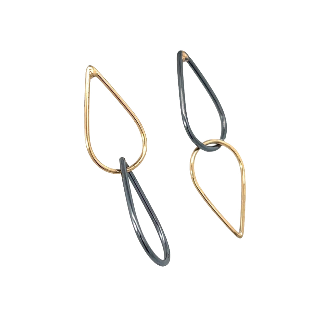 Short Oxidized Sterling Silver and 14k Yellow Gold Teardrop Link Studs