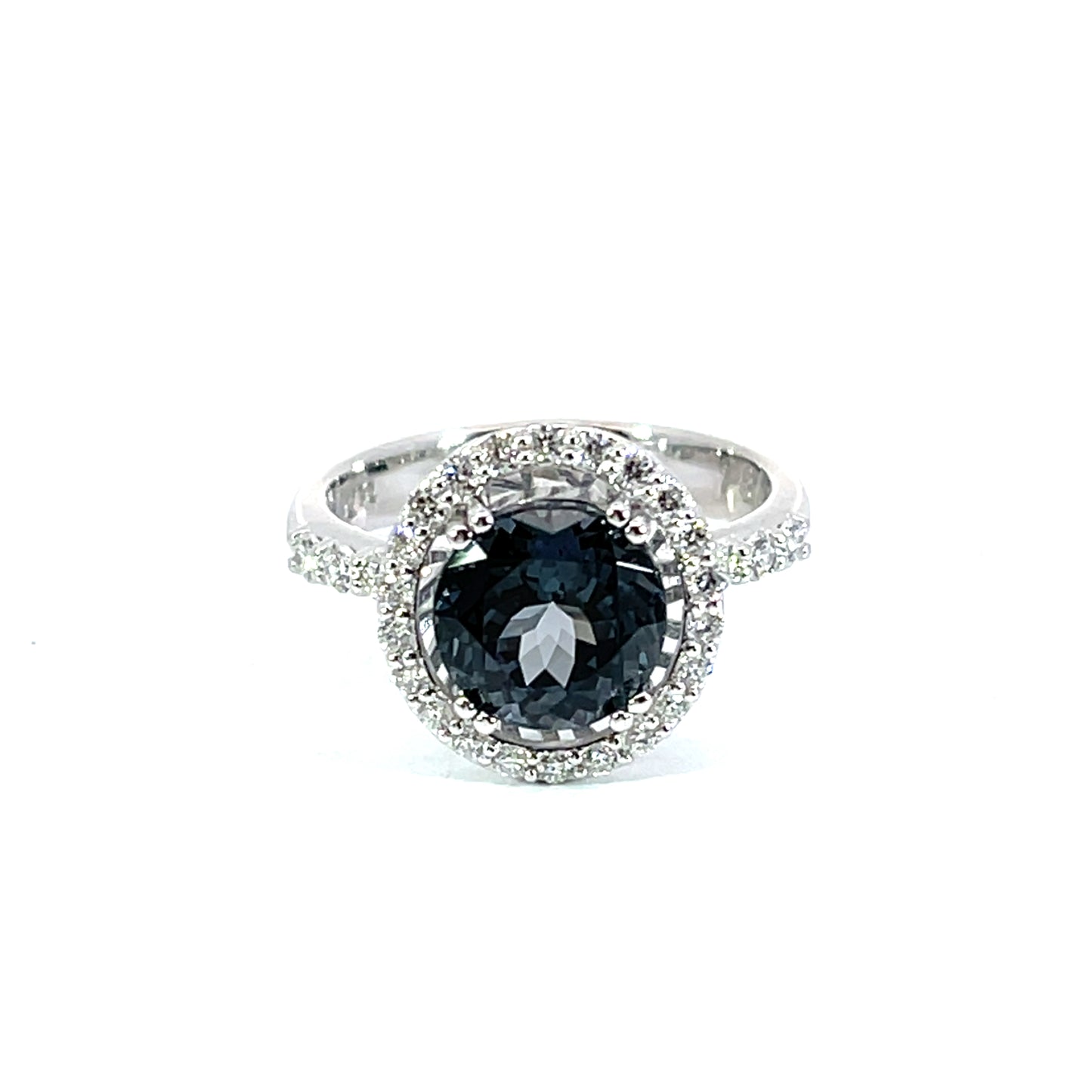 18k White Gold Gray Spinel Ring with a White Diamond Halo