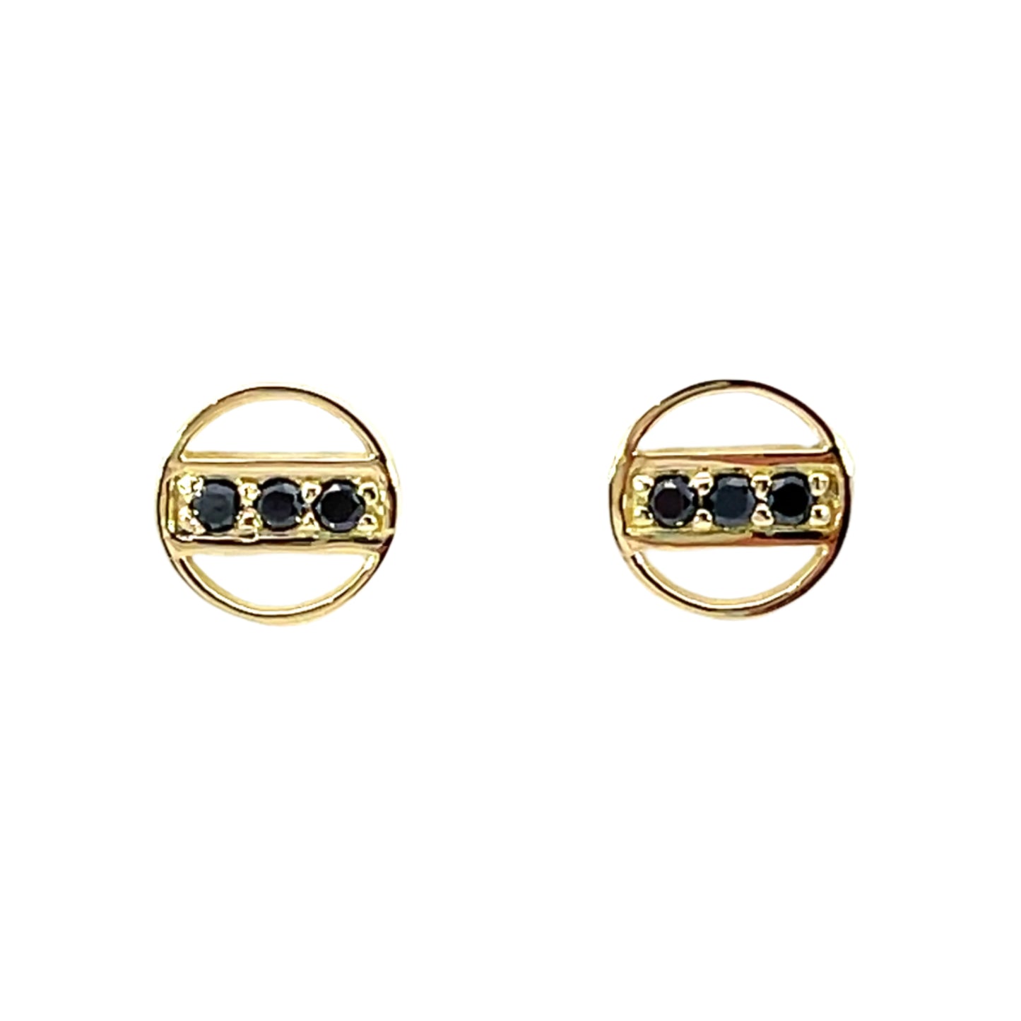18k Yellow Gold Circle Studs with Bead Set Black Diamonds