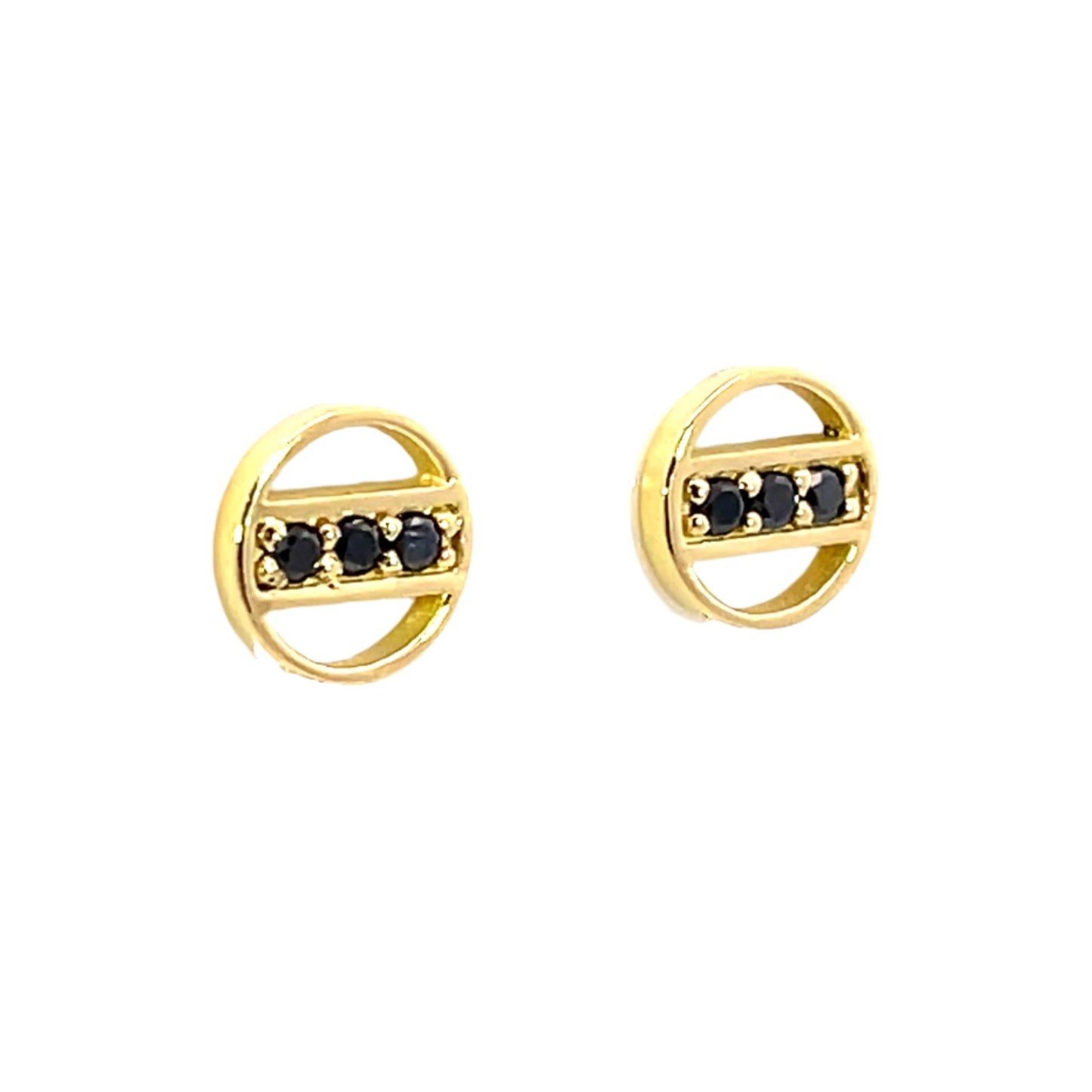 18k Yellow Gold Circle Studs with Bead Set Black Diamonds