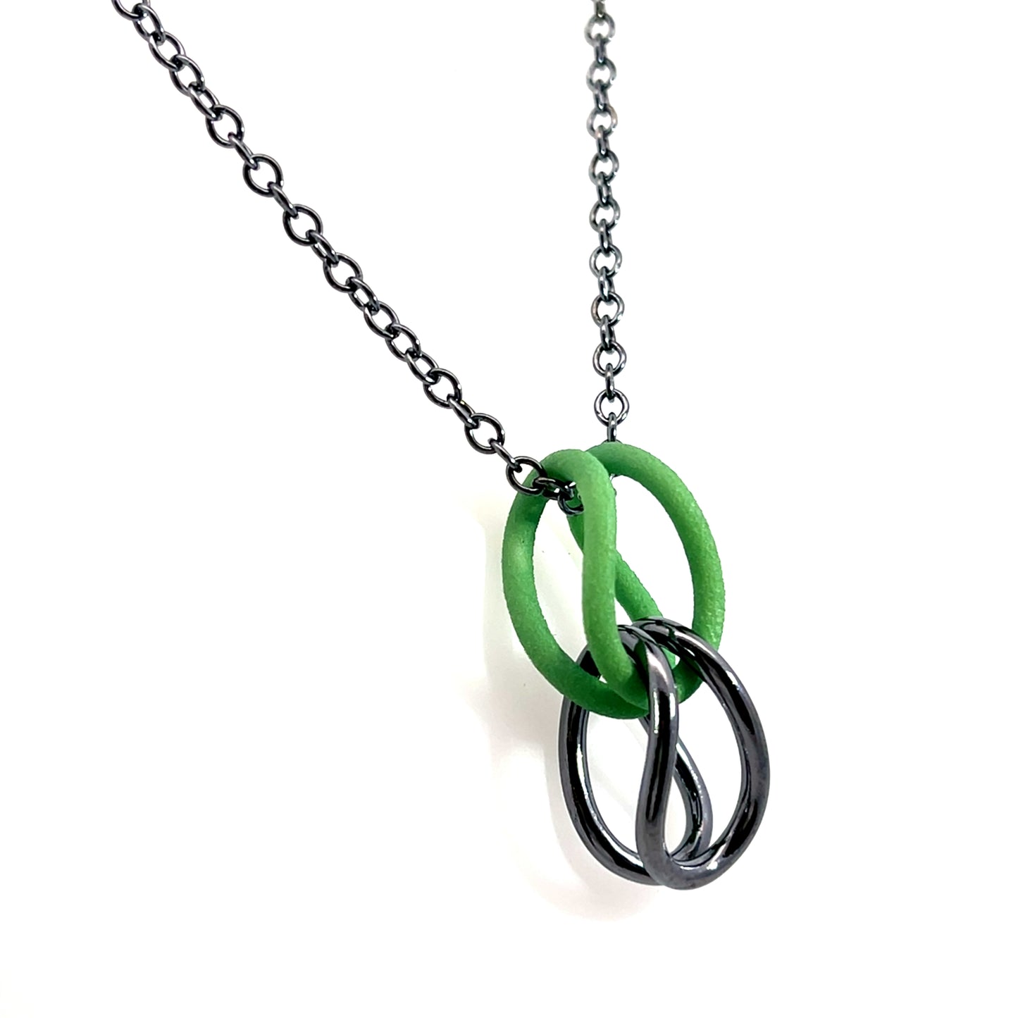 Green Nylon and Oxidized Sterling Silver Pendant Necklace