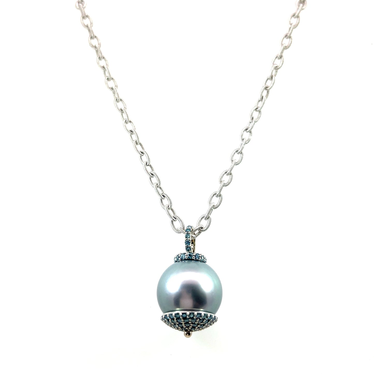 Tahitian Pearl Pendant in 18k White Gold & Blue Stones