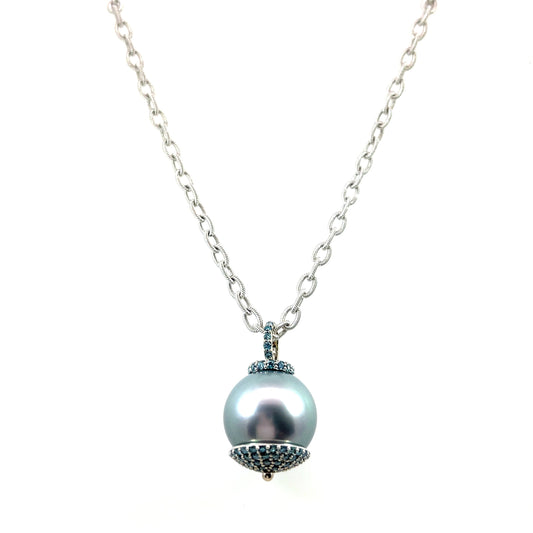 Tahitian Pearl Pendant in 18k White Gold & Blue Stones