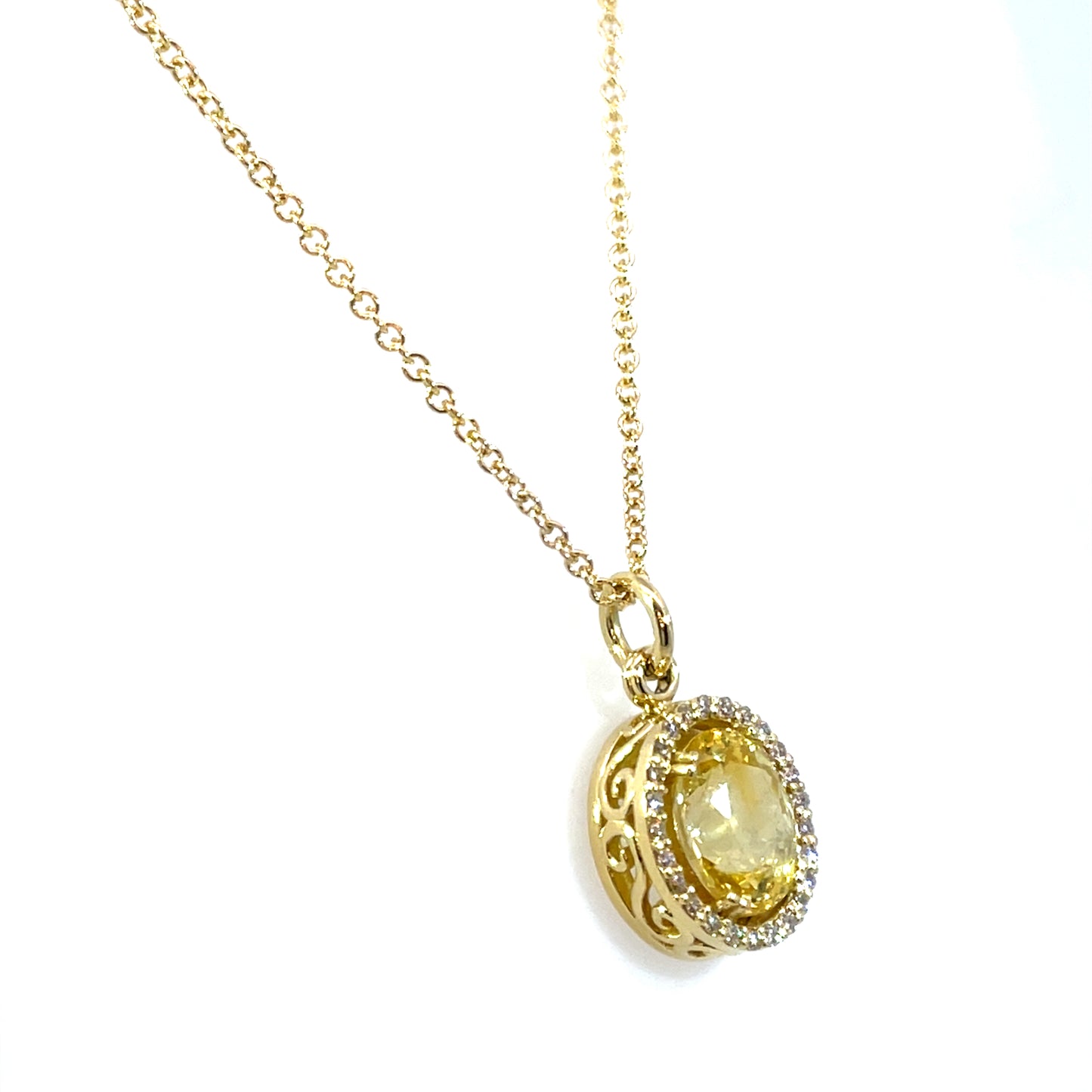 Oval Yellow Sapphire Halo Pendant in 18k Yellow Gold