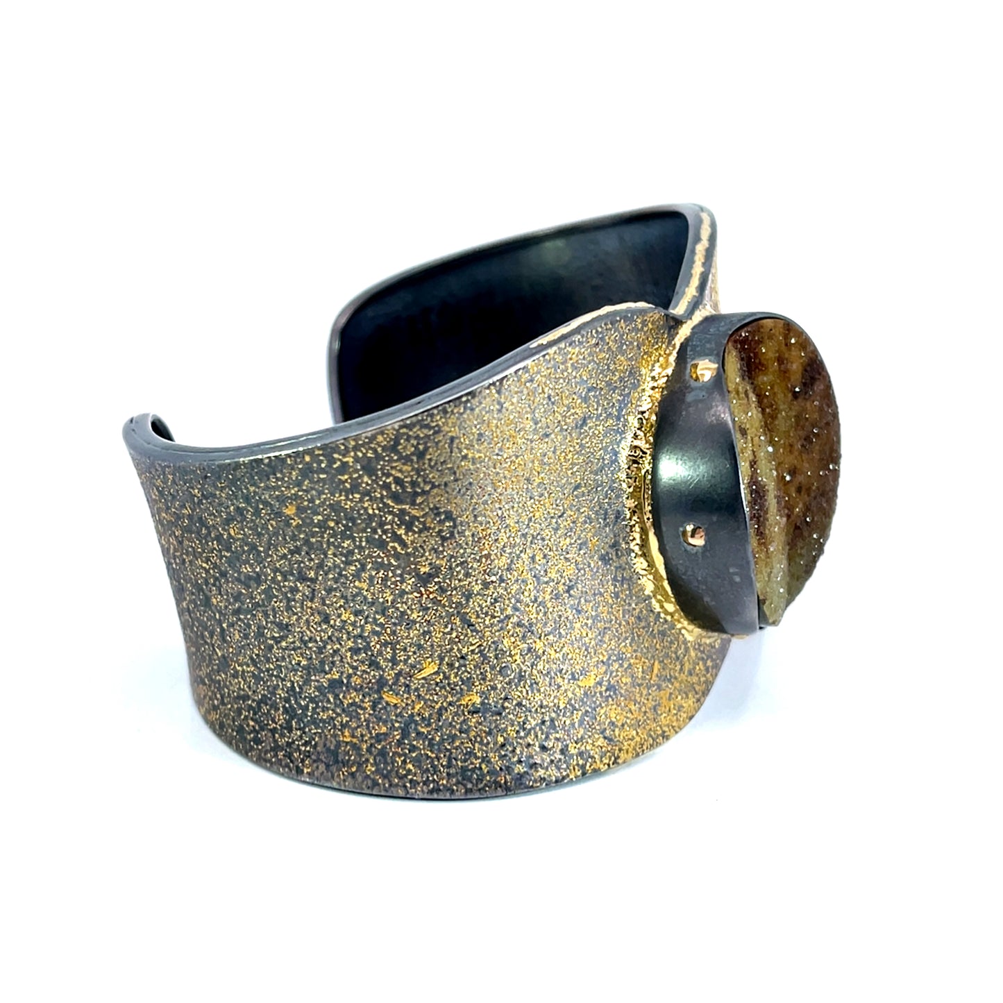 Oxidized Sterling Silver Cinnamon to Cognac Druzy Cuff with Yellow Gold