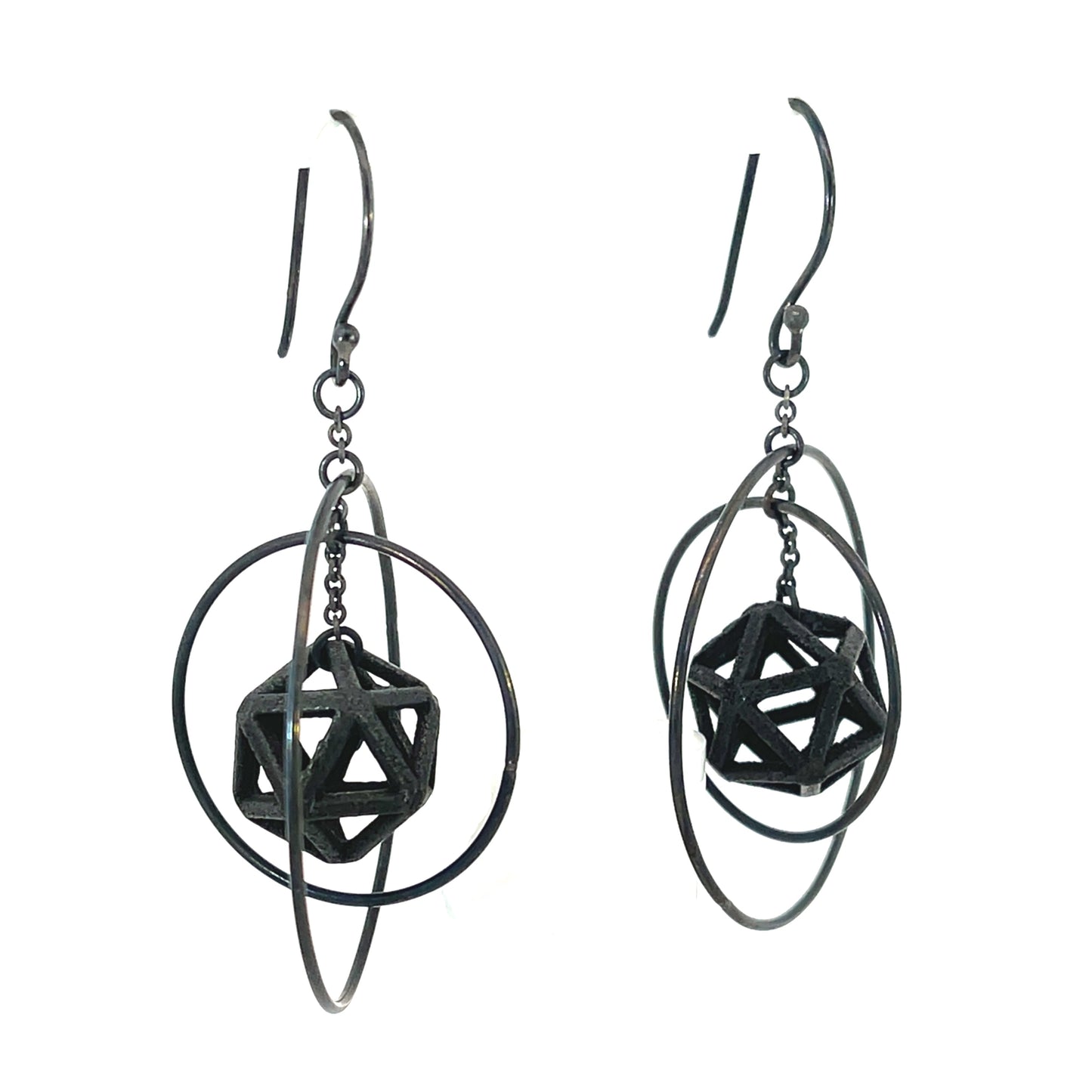 Oxidized Sterling Silver and Nylon Orbit Isohedron Earrings