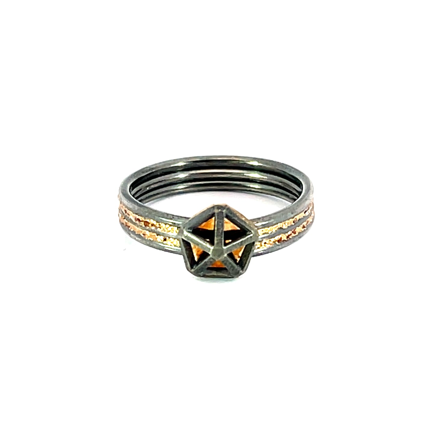 (Size 6) Oxidized Sterling Silver and 14k Yellow Gold Petite Double Band Pentagon Ring