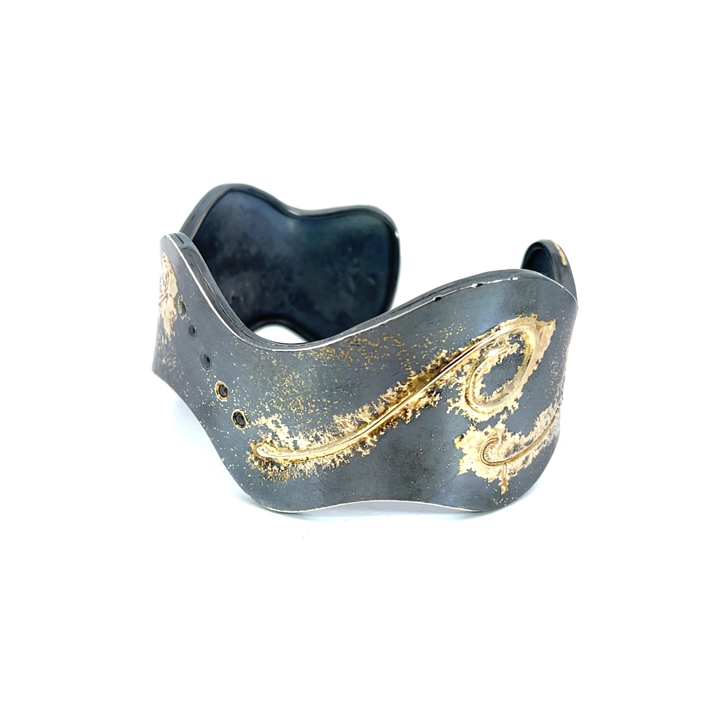 Oxidized Sterling Silver Cuff with Yellow Gold and Black Diamonds
