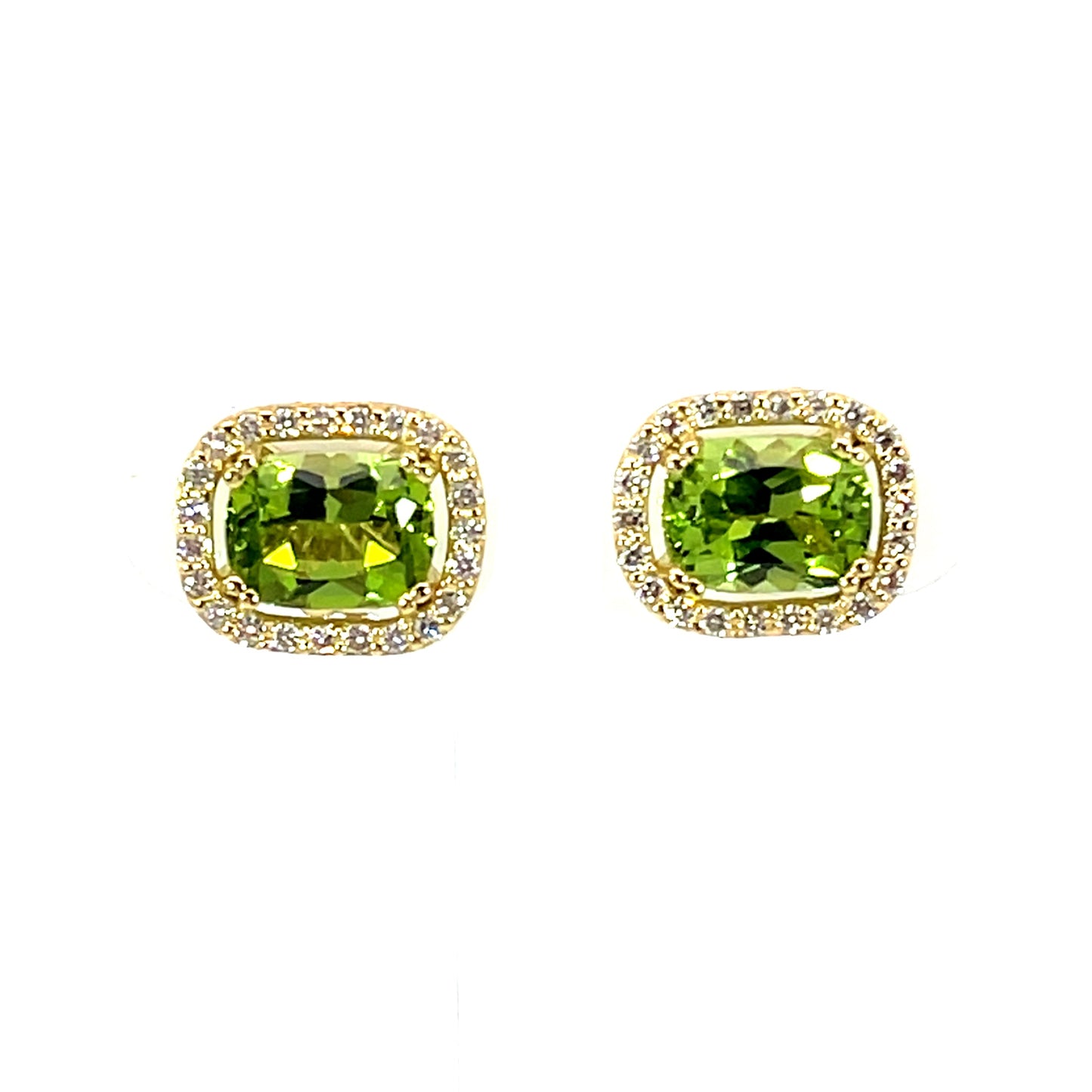 Peridot Halo Studs in 18k Yellow Gold with Champagne Diamonds