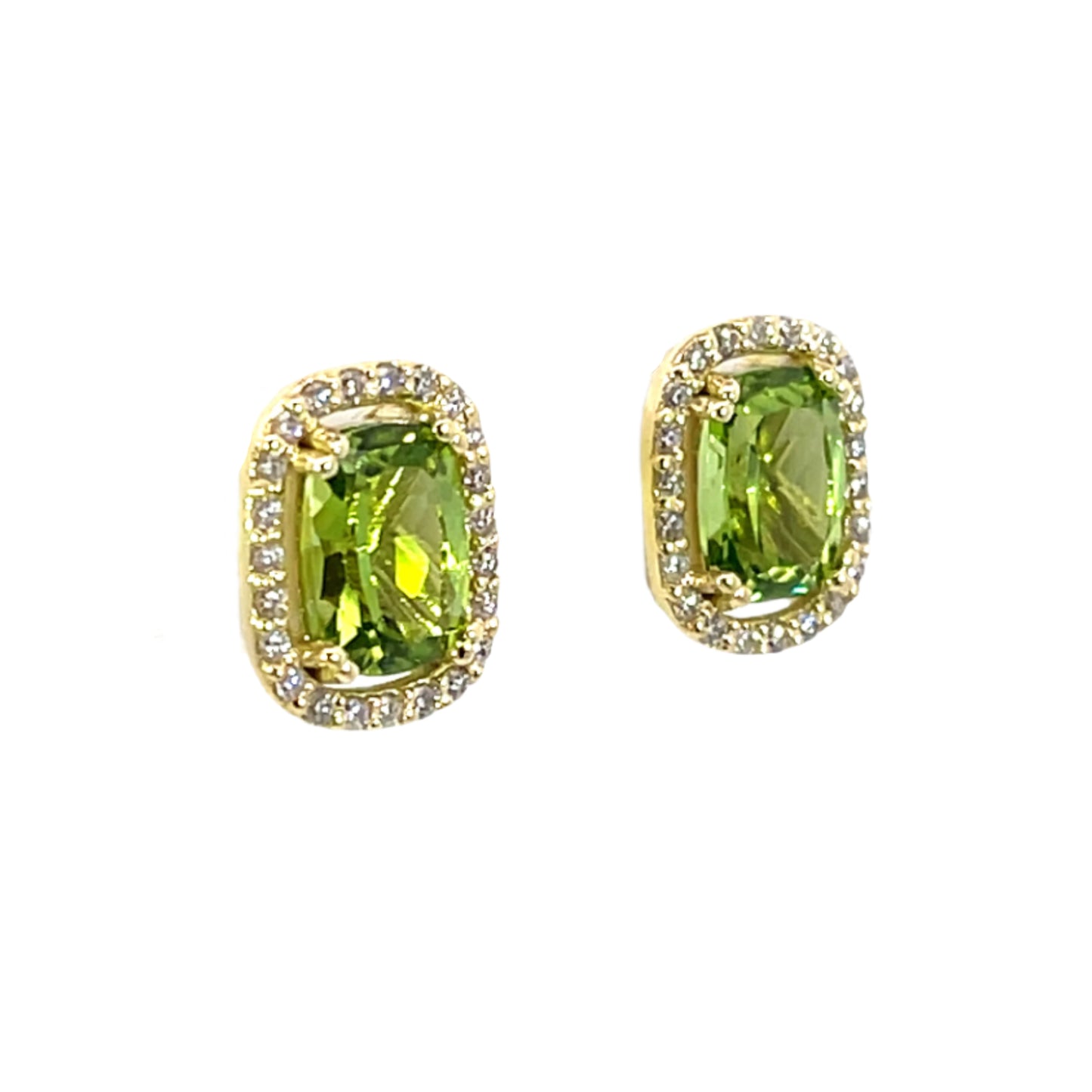 Peridot Halo Studs in 18k Yellow Gold with Champagne Diamonds