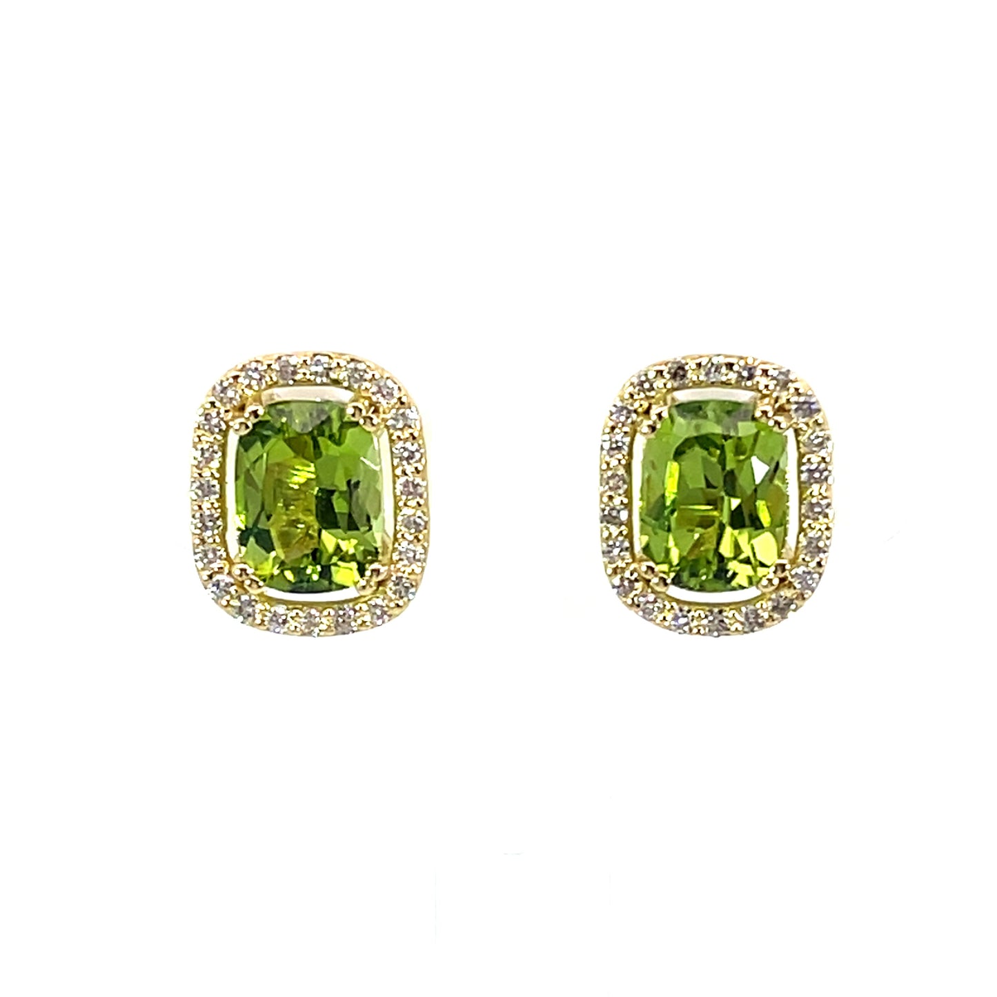 Peridot Halo Studs in 18k Yellow Gold with Champagne Diamonds