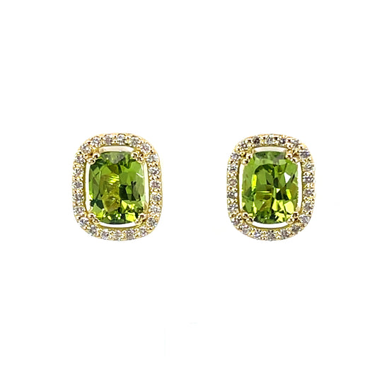 Peridot Halo Studs in 18k Yellow Gold with Champagne Diamonds