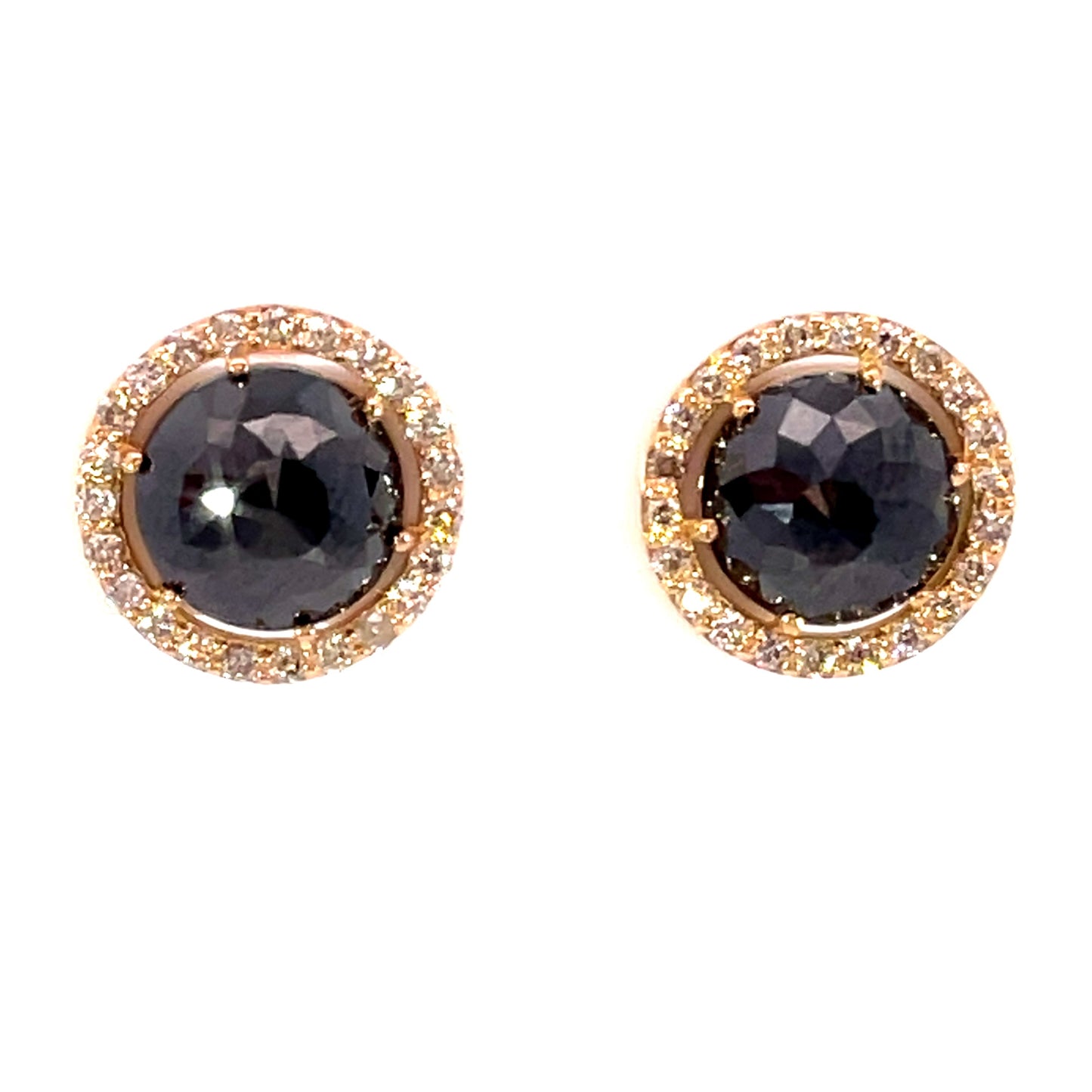 18k Rose Gold Halo Studs with Round Rosecut Black Diamonds