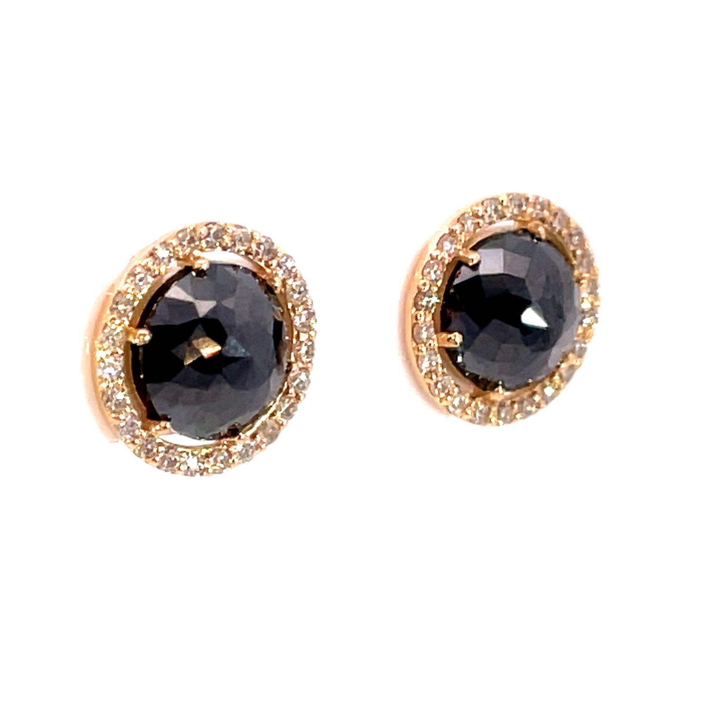 18k Rose Gold Halo Studs with Round Rosecut Black Diamonds