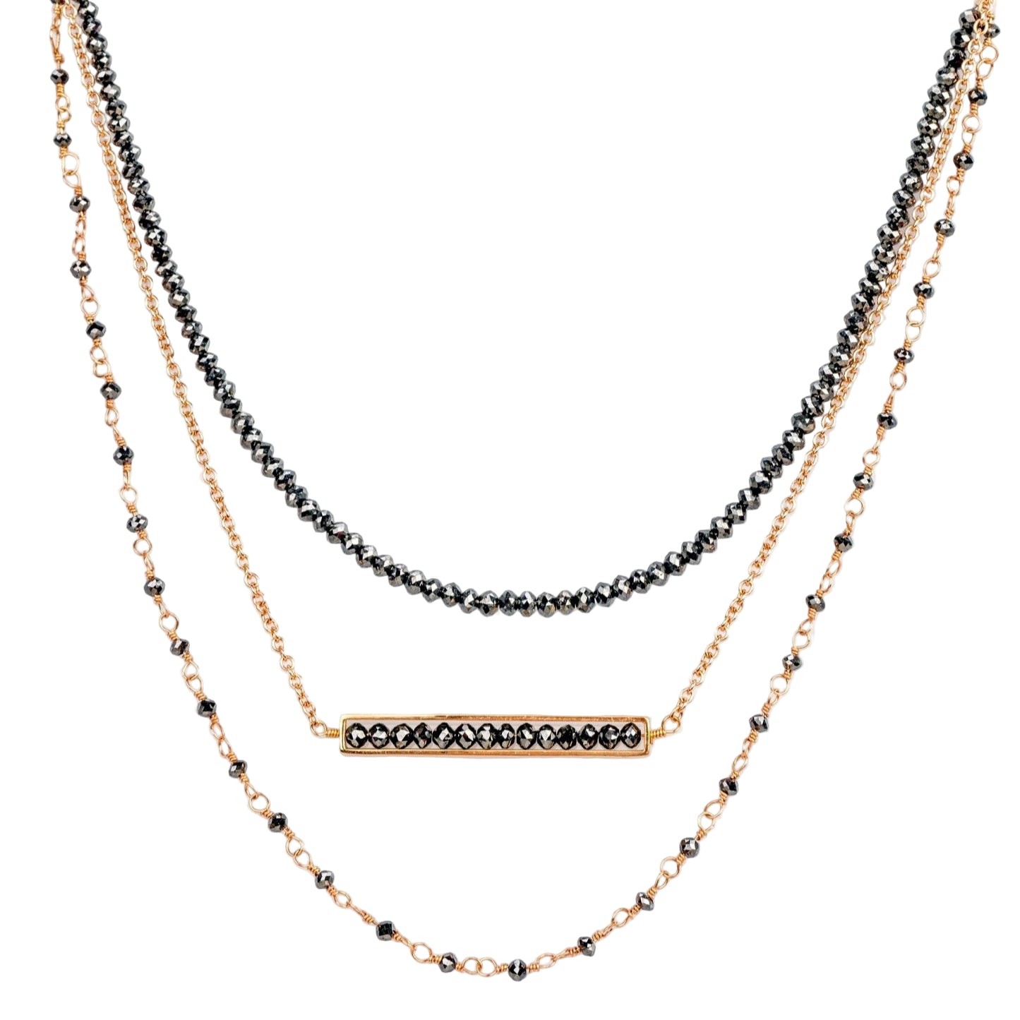 18k Rose Gold Black Diamond Triple Layered Necklace