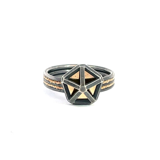 (Size 6) Oxidized Sterling Silver and 14k Gold Medium Pentagon Triple Band Ring