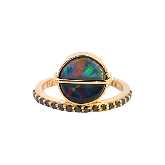 An 18K Rose Gold Offset Ring with a Australian Black Opal and Black diamonds.