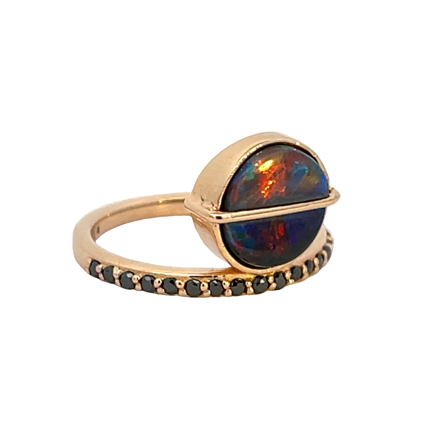 An 18K Rose Gold Offset Ring with a Australian Black Opal and Black diamonds.