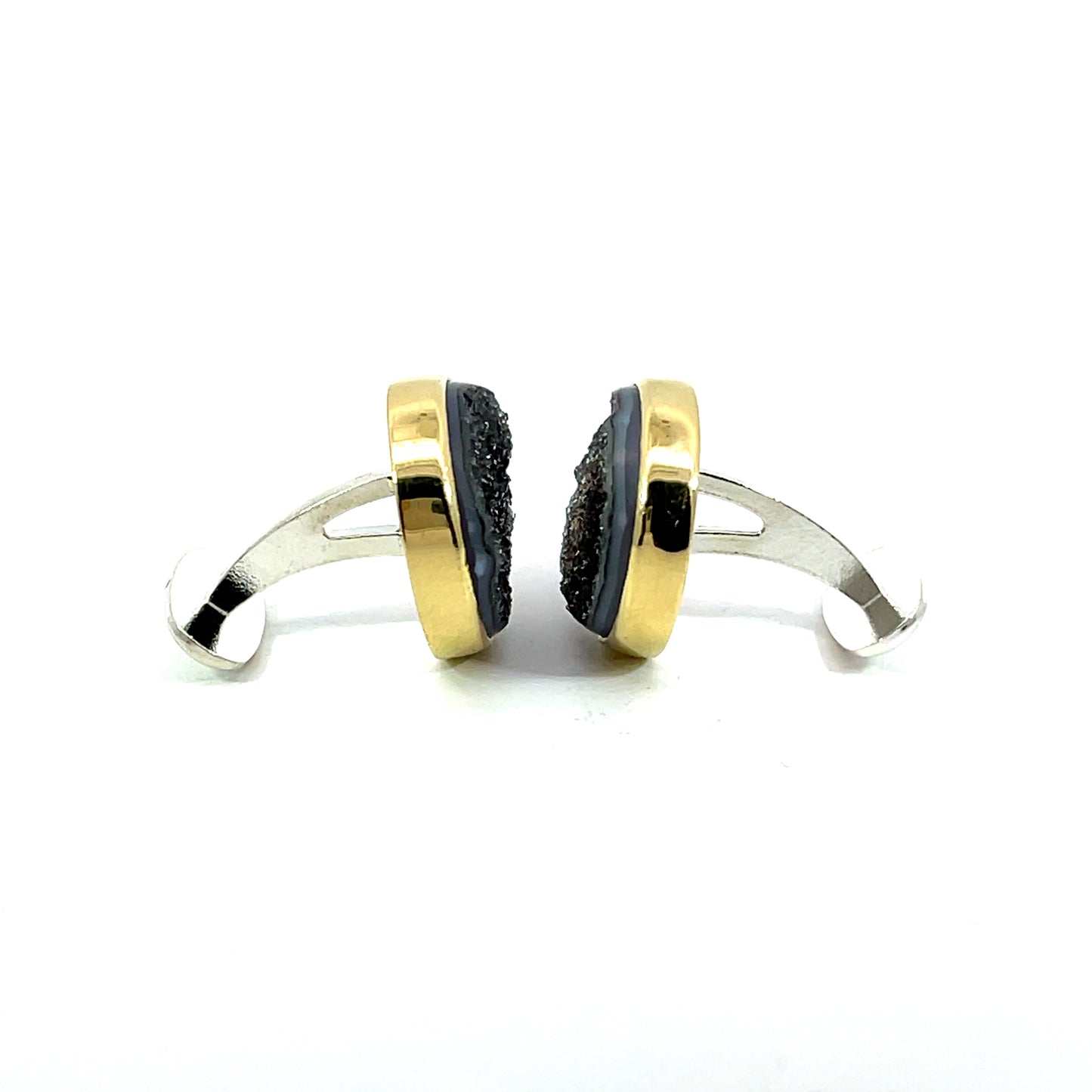 Sterling Silver and 18k Yellow Gold Dark Grey Druzy Cufflinks
