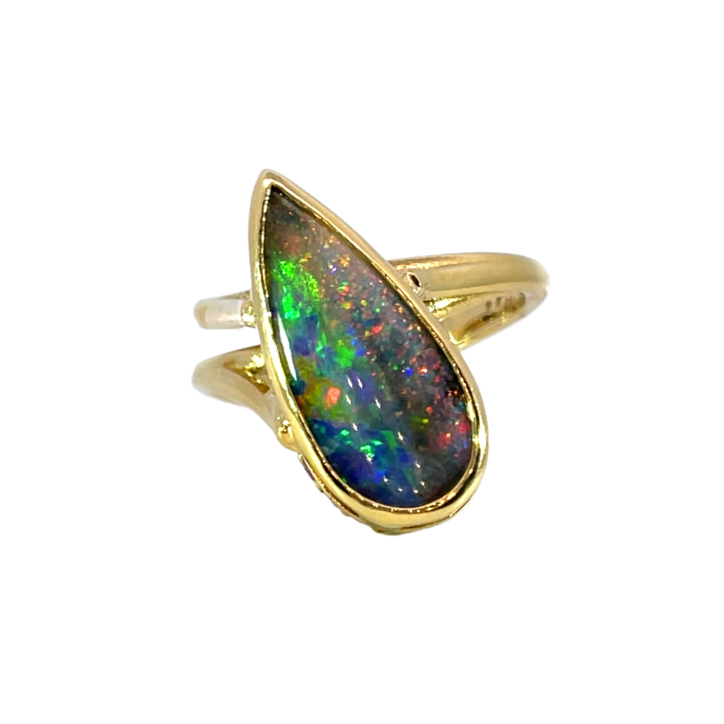 18k Yellow Gold Boulder Opal Wrap Ring with Hidden Rainbow Halo