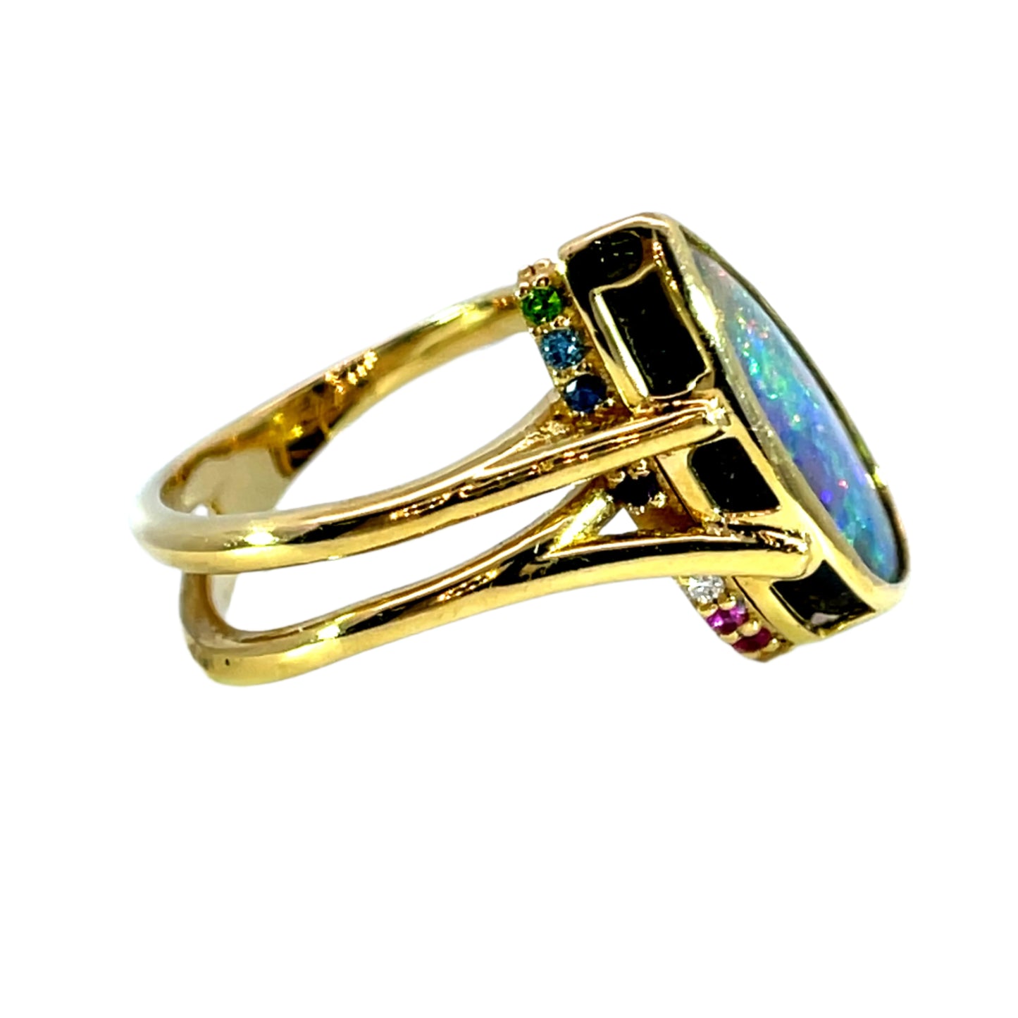 18k Yellow Gold Boulder Opal Wrap Ring with Hidden Rainbow Halo