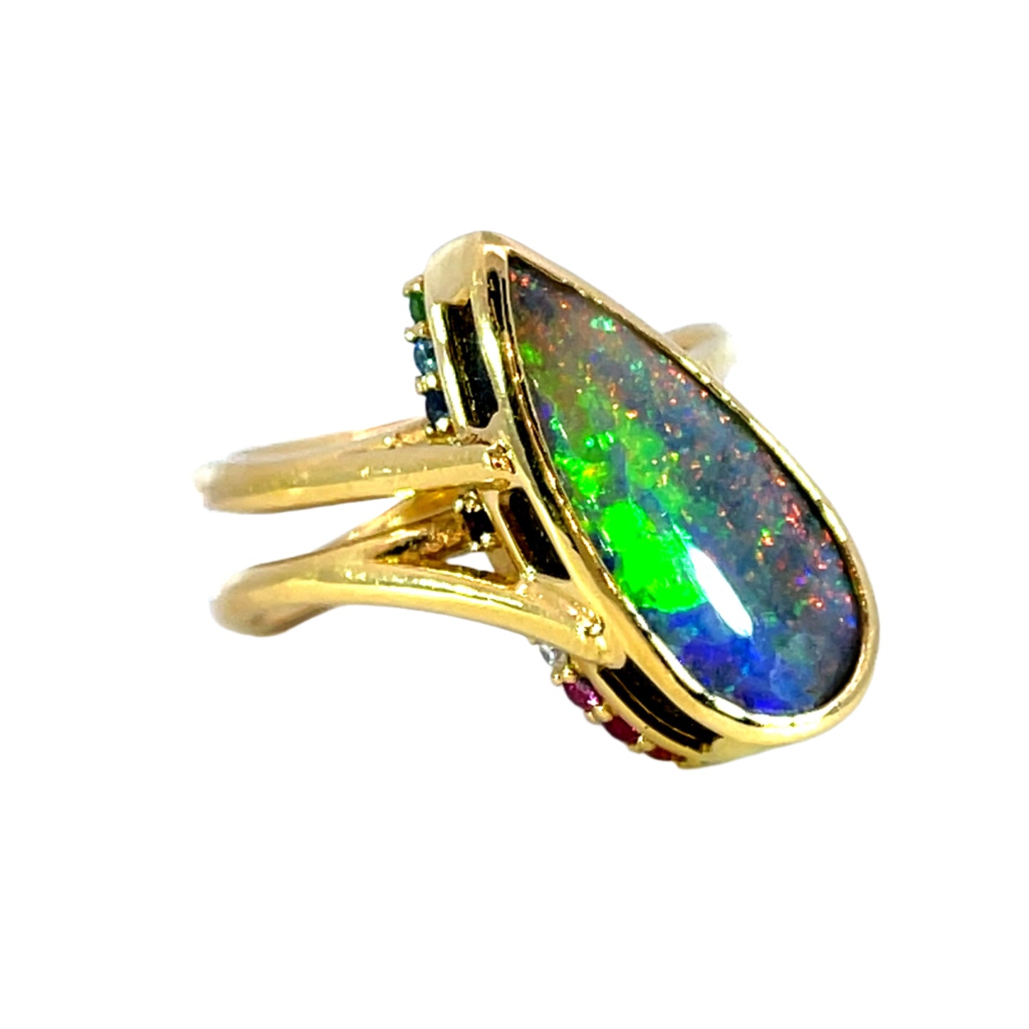 18k Yellow Gold Boulder Opal Wrap Ring with Hidden Rainbow Halo