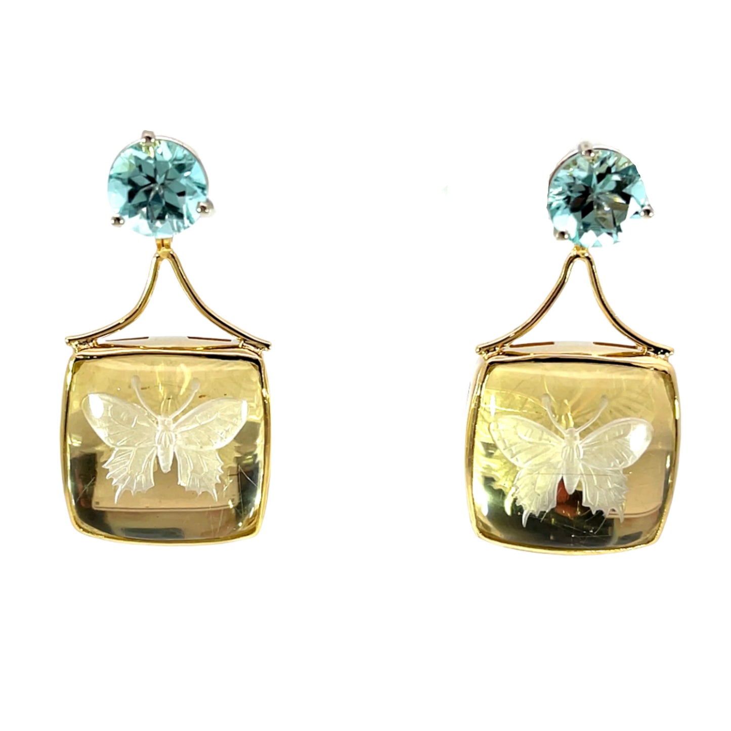 18k Yellow Gold Butterfly Carved Quartz Modullyn Earring Jackets