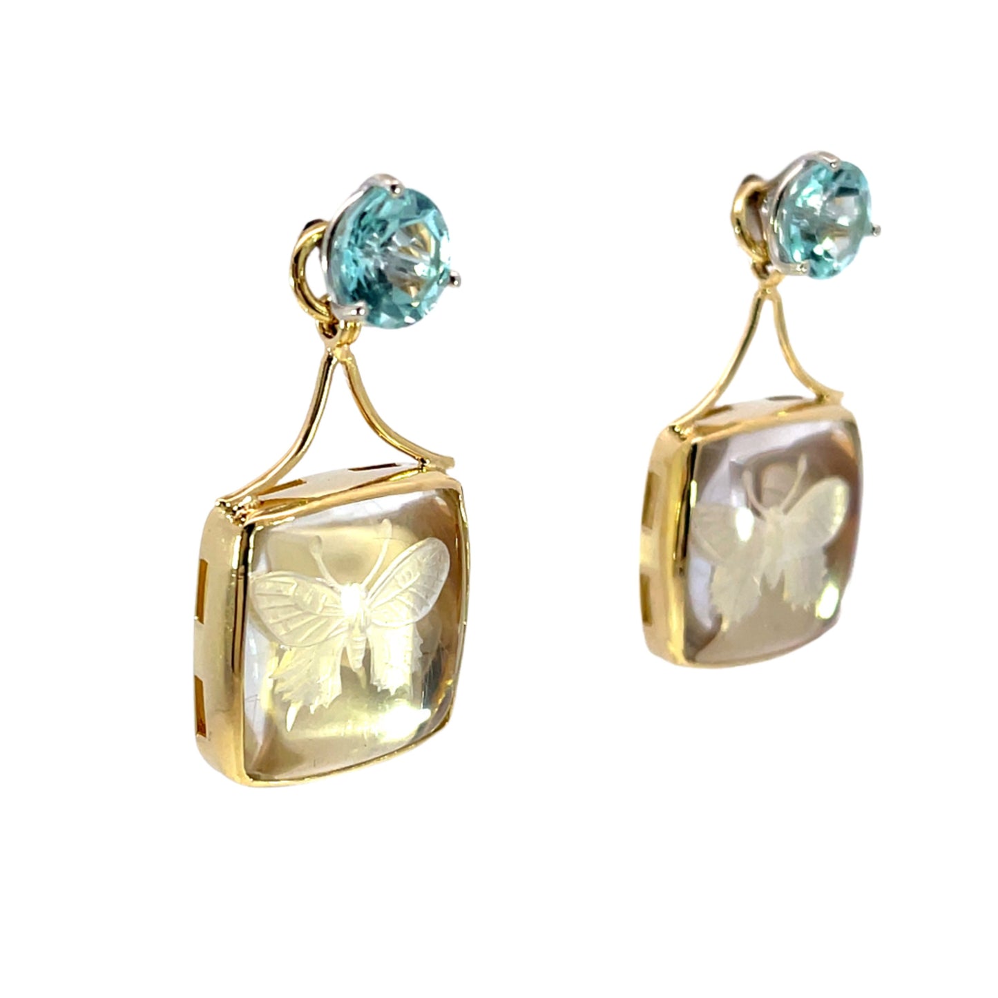 18k Yellow Gold Butterfly Carved Quartz Modullyn Earring Jackets