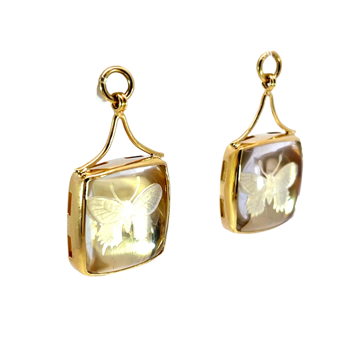 18k Yellow Gold Butterfly Carved Quartz Modullyn Earring Jackets