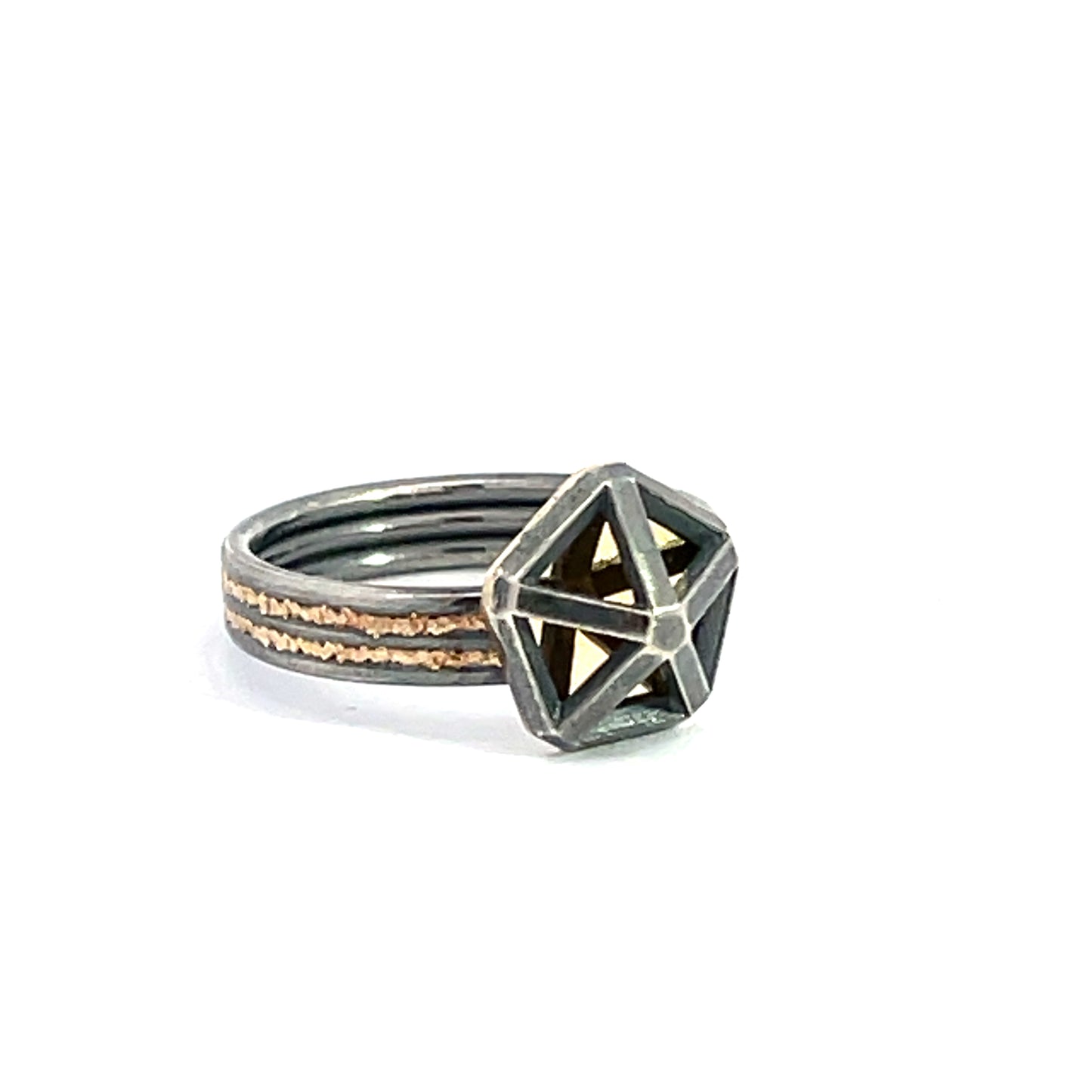 (Size 6) Oxidized Sterling Silver and 14k Gold Medium Pentagon Triple Band Ring