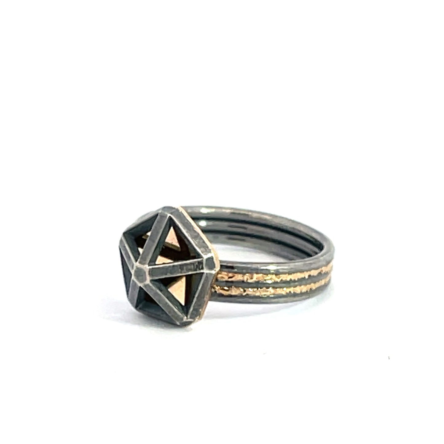 (Size 6) Oxidized Sterling Silver and 14k Gold Medium Pentagon Triple Band Ring