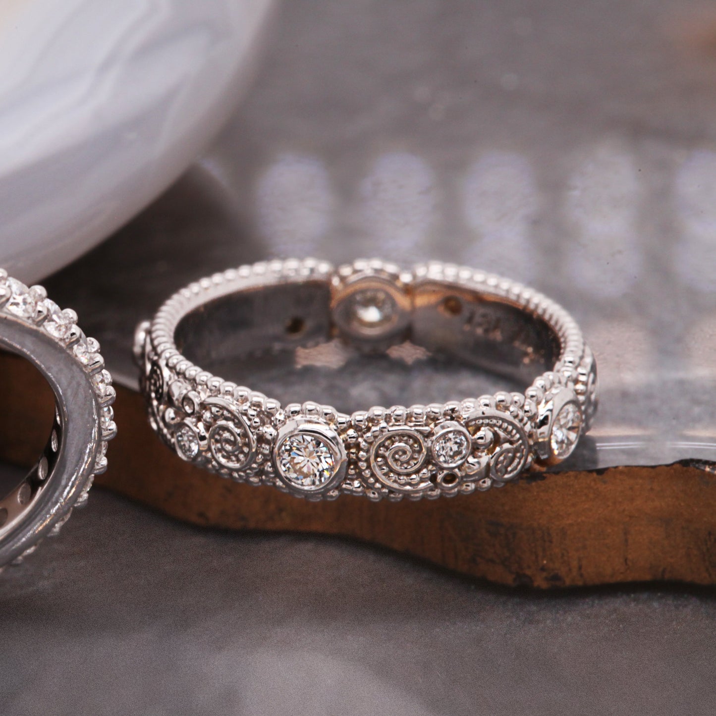 18k White Gold "llyn Band" with Bezel Set White Diamonds