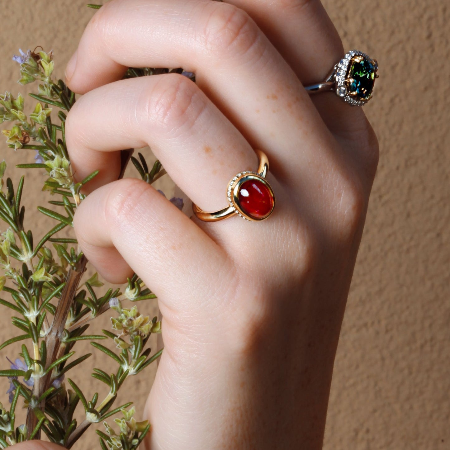 18k Yellow Gold Red Tourmaline and Diamond Ring