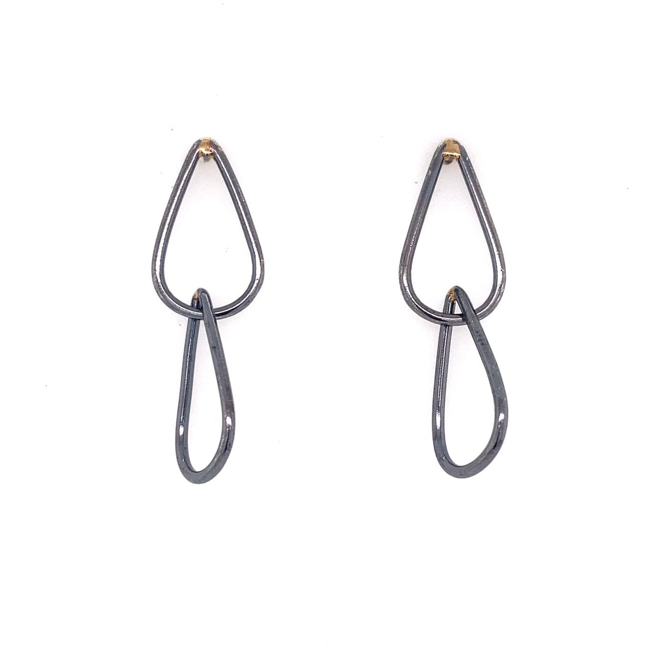 Oxidized Sterling Silver and 14k Yellow Gold Teardrop Link Drop Earrings