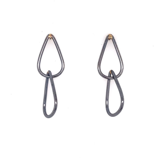 Oxidized Sterling Silver and 14k Yellow Gold Teardrop Link Drop Earrings
