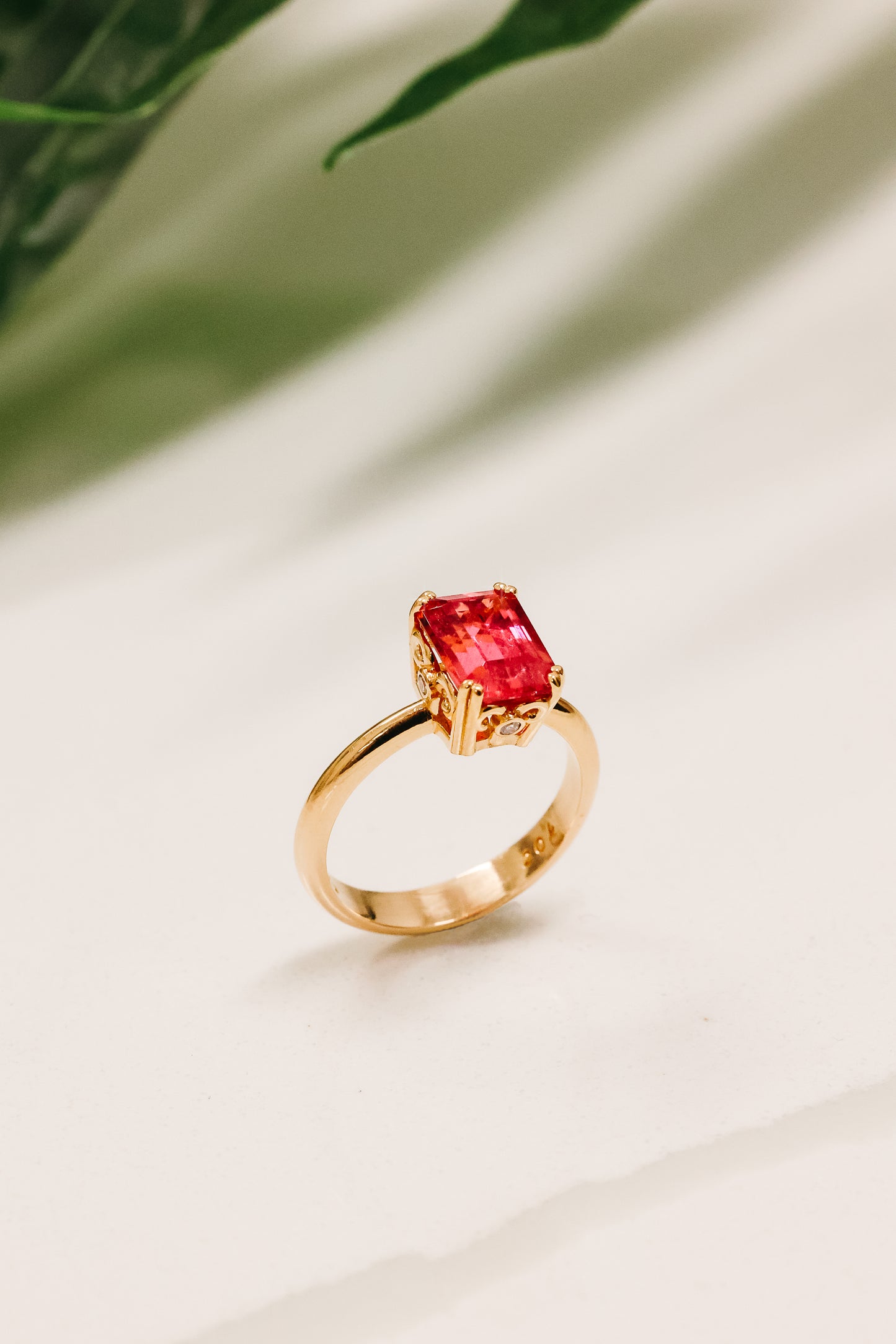 20k Rose Gold Pink Tourmaline Ring with White Diamonds