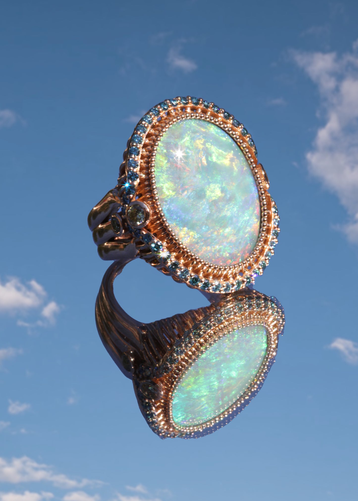 18k Rose Gold Australian Opal Ring with Blue and Yellow Diamonds