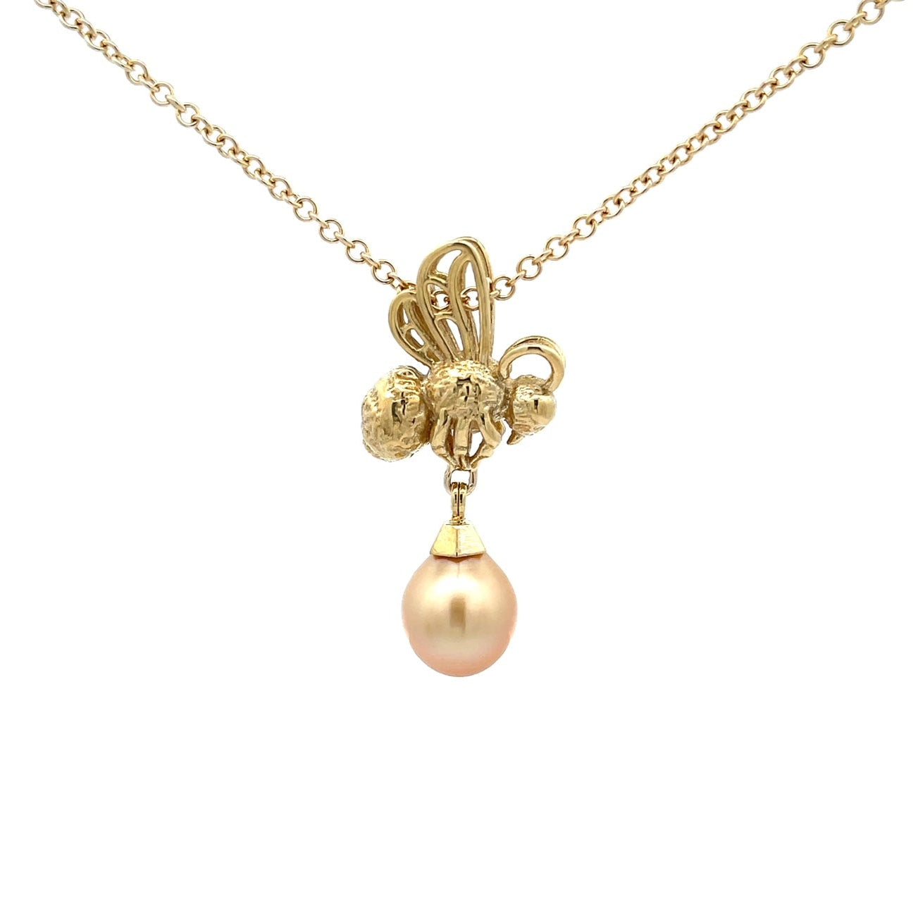 18k Yellow Gold and Pearl Bee Pendant with 14k Yellow Gold Chain