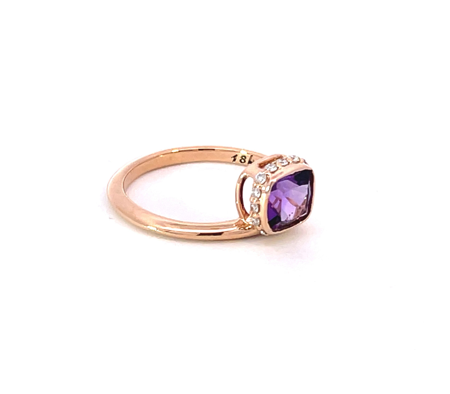 18k Rose Gold Offset Cushion Cut Amethyst Ring