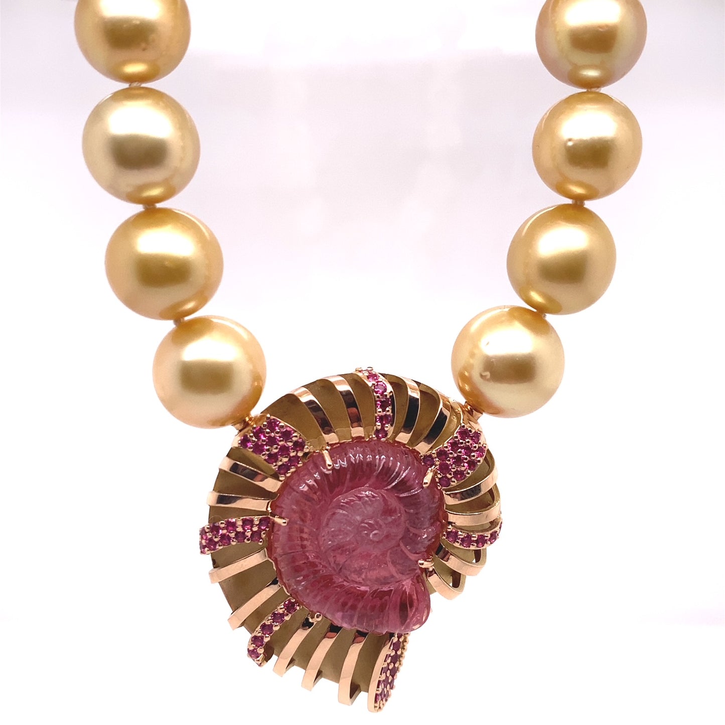 Custom jewelry, carved pink tourmaline clasp, llyn strong, greenville, SC