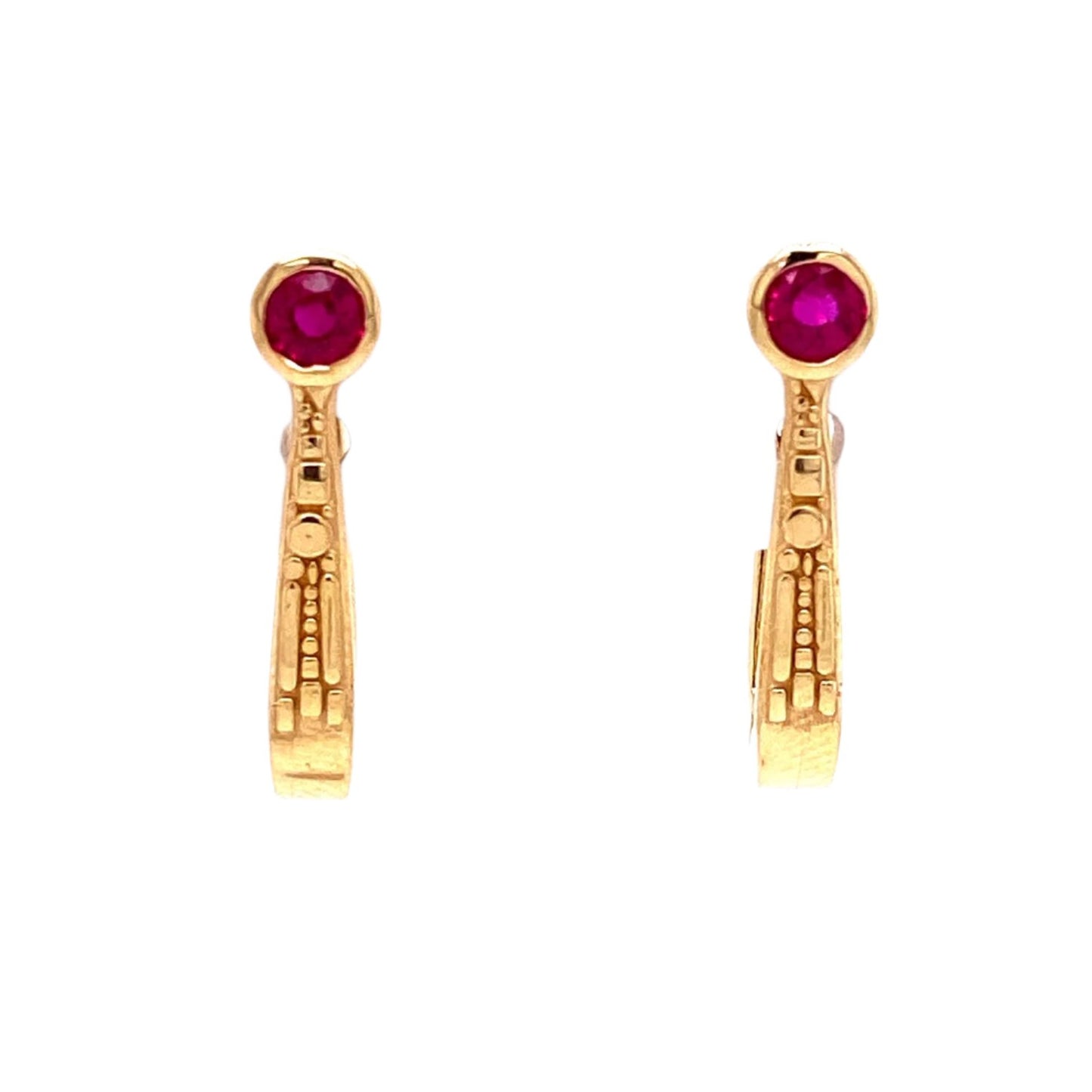 Custom Jewelry, 18k yellow gold ruby swoop hoops, llyn strong, Greenville, South Carolina
